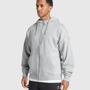 Outlet Gymshark Crest Oversized Zip Up Hoodie LightGreyCoreMarl