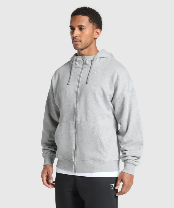 Outlet Gymshark Crest Oversized Zip Up Hoodie LightGreyCoreMarl