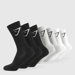 Online Gymshark Crew Socks 7pk White/LightGreyCoreMarl/Black