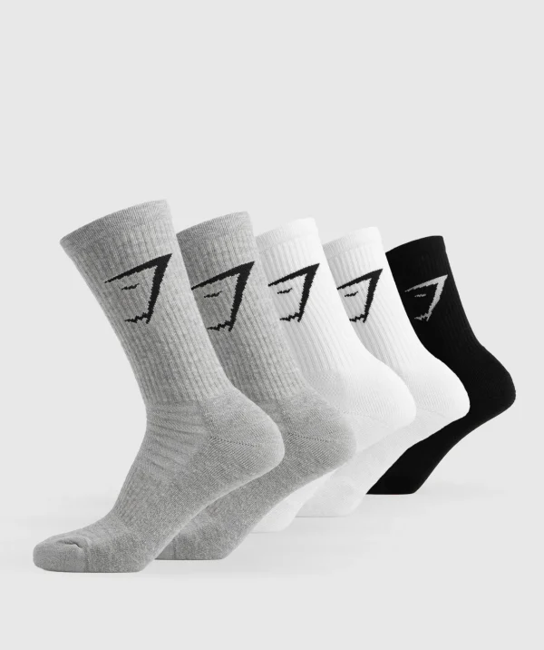 Discount Gymshark Crew Socks 5pk White/Black/LightGreyMarl