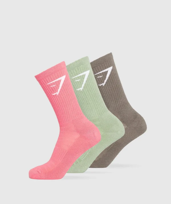 Hot Gymshark Crew Socks 3pk CamoBrown/FadedGreen/FreshPink