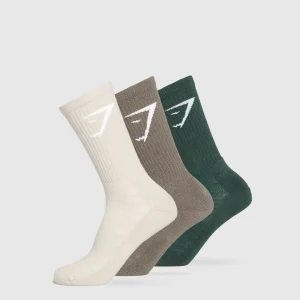 Discount Gymshark Crew Socks 3pk VictoryGreen/CamoBrown/PebbleGrey