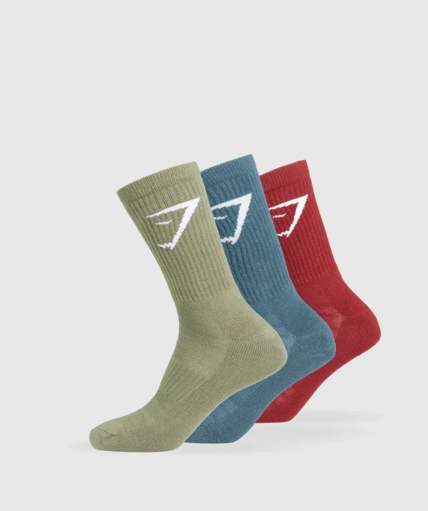 Outlet Gymshark Crew Socks 3pk UtilityGreen/CargoBlue/RepsRed