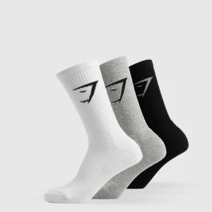 Discount Gymshark Crew Socks 3pk White/LightGreyCoreMarl/Black