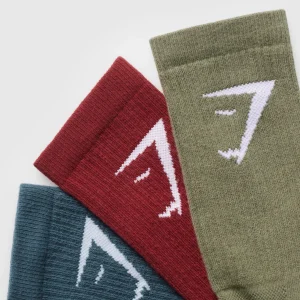 Outlet Gymshark Crew Socks 3pk UtilityGreen/CargoBlue/RepsRed