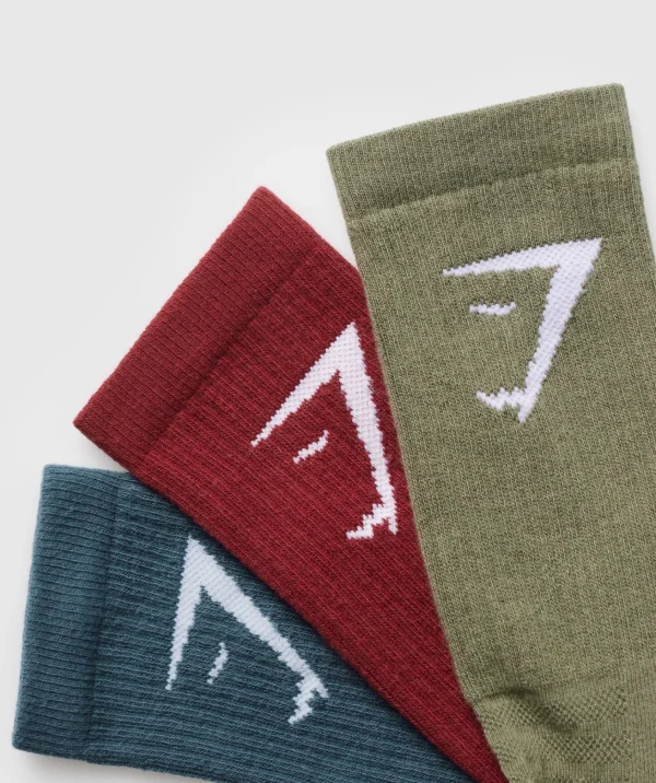 Outlet Gymshark Crew Socks 3pk UtilityGreen/CargoBlue/RepsRed