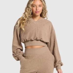 Fashion Gymshark Cropped Cord Sweater SoulBrown