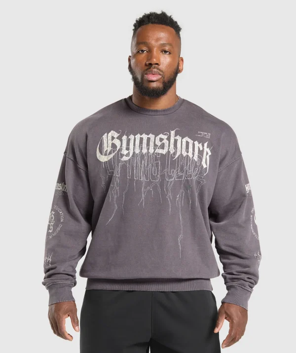 Clearance Gymshark Distressed Graphic Crew BrushedPurpleAcidWash