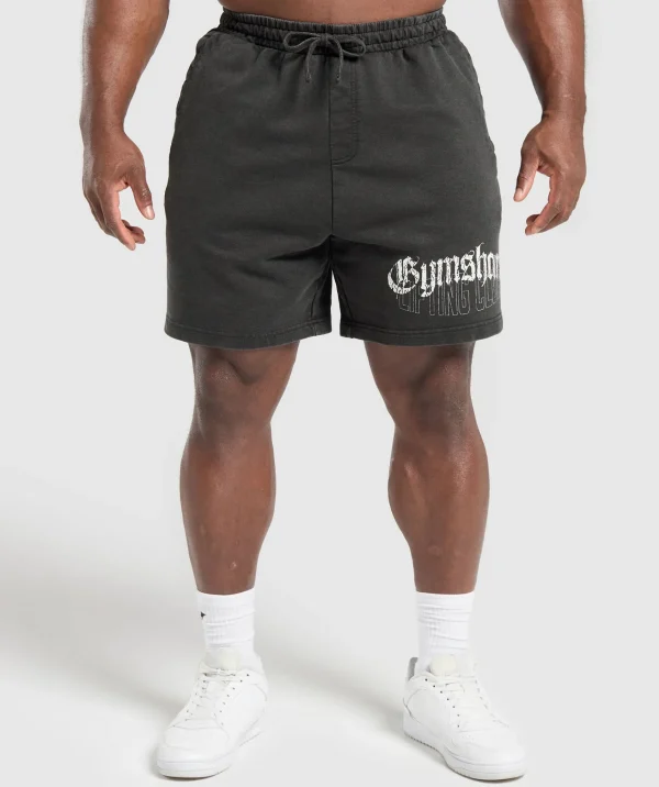 Hot Gymshark Distressed Graphic 7" Shorts BlackAcidWash