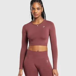 Hot Gymshark Everyday Seamless Long Sleeve Crop Top BurgundyBrown