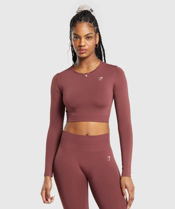 Hot Gymshark Everyday Seamless Long Sleeve Crop Top BurgundyBrown