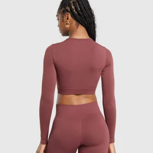 Hot Gymshark Everyday Seamless Long Sleeve Crop Top BurgundyBrown