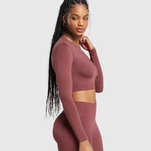 Hot Gymshark Everyday Seamless Long Sleeve Crop Top BurgundyBrown