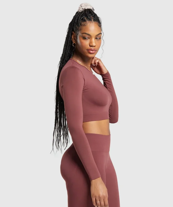 Hot Gymshark Everyday Seamless Long Sleeve Crop Top BurgundyBrown