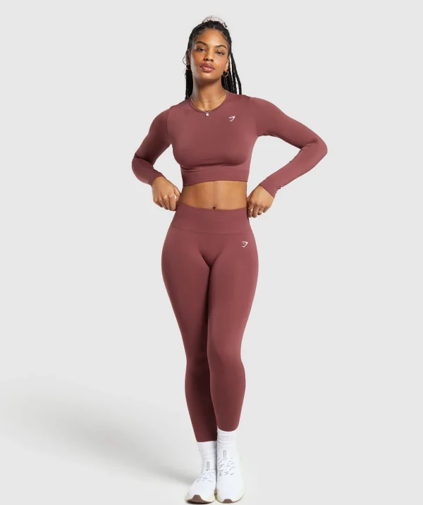 Hot Gymshark Everyday Seamless Long Sleeve Crop Top BurgundyBrown