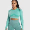 New Gymshark Flex Long Sleeve Crop Top CornflowerBlue/WhiteMarl/JewelGreen