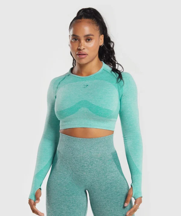 New Gymshark Flex Long Sleeve Crop Top CornflowerBlue/WhiteMarl/JewelGreen