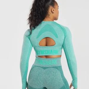 New Gymshark Flex Long Sleeve Crop Top CornflowerBlue/WhiteMarl/JewelGreen