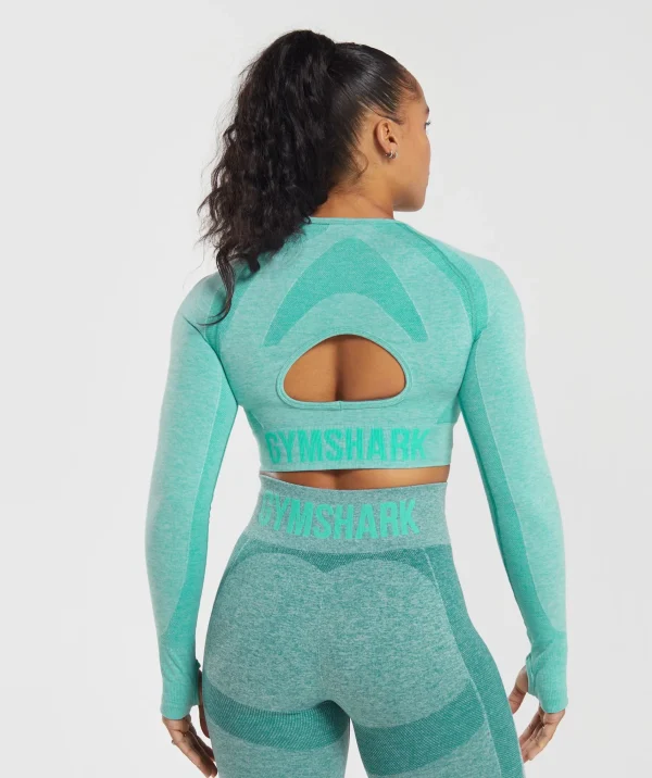 New Gymshark Flex Long Sleeve Crop Top CornflowerBlue/WhiteMarl/JewelGreen