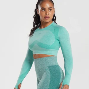 New Gymshark Flex Long Sleeve Crop Top CornflowerBlue/WhiteMarl/JewelGreen