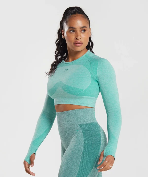 New Gymshark Flex Long Sleeve Crop Top CornflowerBlue/WhiteMarl/JewelGreen