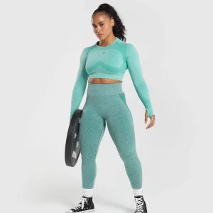 New Gymshark Flex Long Sleeve Crop Top CornflowerBlue/WhiteMarl/JewelGreen