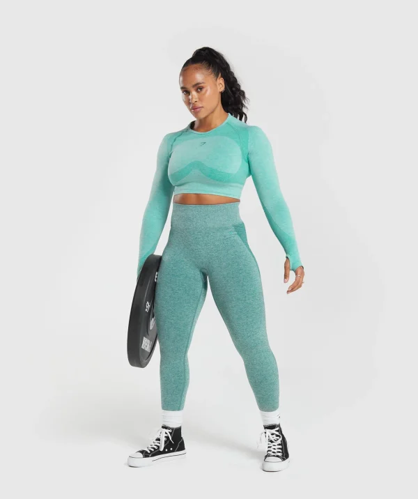 New Gymshark Flex Long Sleeve Crop Top CornflowerBlue/WhiteMarl/JewelGreen