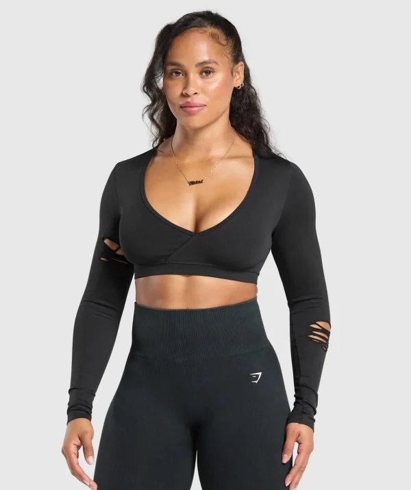 Clearance Gymshark Gains Seamless Distressed Super Crop Top Black