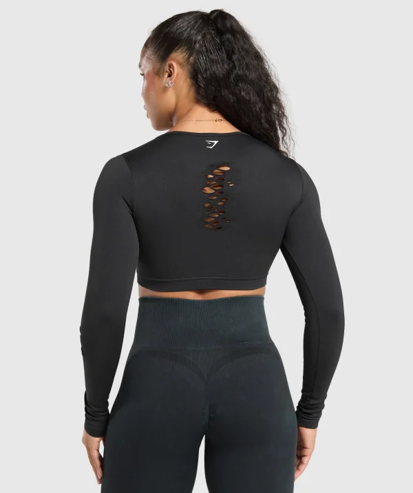 Clearance Gymshark Gains Seamless Distressed Super Crop Top Black