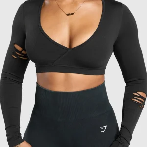 Clearance Gymshark Gains Seamless Distressed Super Crop Top Black