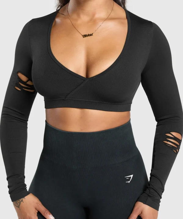 Clearance Gymshark Gains Seamless Distressed Super Crop Top Black