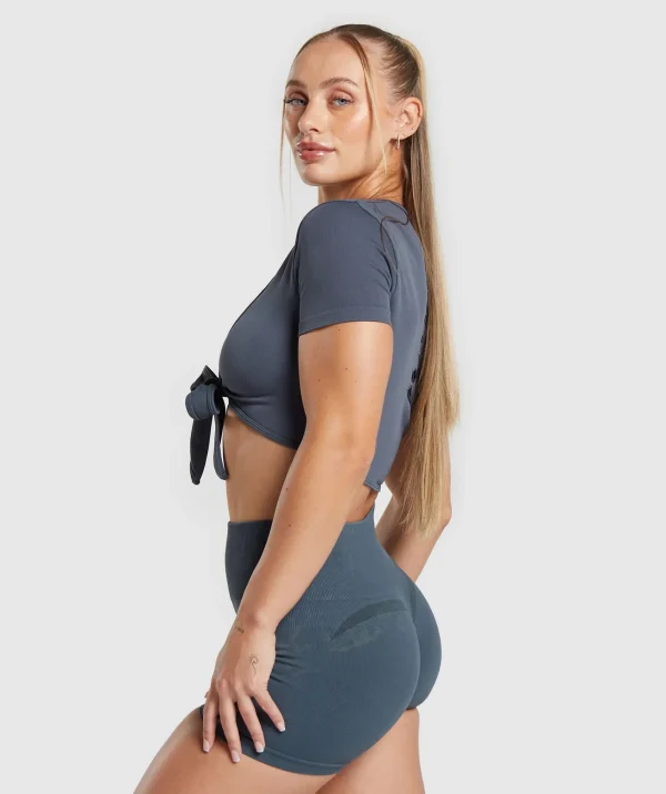 Discount Gymshark Gains Seamless Fitted Crop Top TitaniumBlue