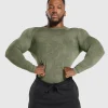 Discount Gymshark Geo Seamless Long Sleeve T-Shirt CoreOlive/DeepOliveGreen