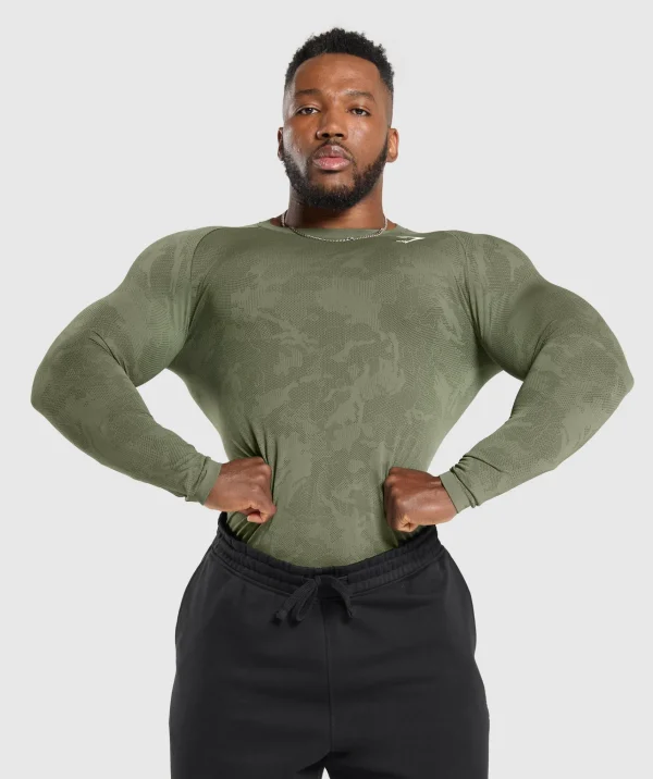 Discount Gymshark Geo Seamless Long Sleeve T-Shirt CoreOlive/DeepOliveGreen