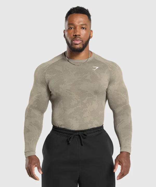 Online Gymshark Geo Seamless Long Sleeve T-Shirt LinenBrown/CamoBrown