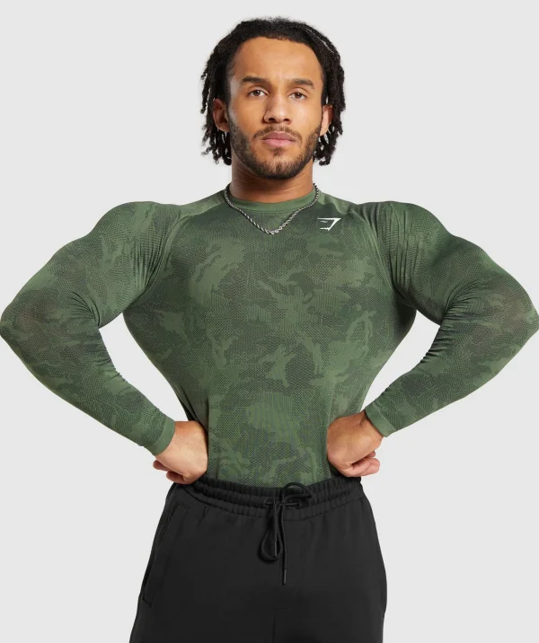 Sale Gymshark Geo Seamless Long Sleeve T-Shirt CoreOlive/Black