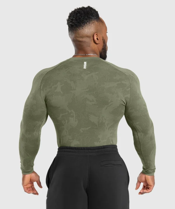 Discount Gymshark Geo Seamless Long Sleeve T-Shirt CoreOlive/DeepOliveGreen