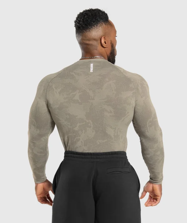 Online Gymshark Geo Seamless Long Sleeve T-Shirt LinenBrown/CamoBrown