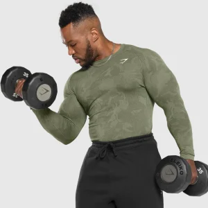 Discount Gymshark Geo Seamless Long Sleeve T-Shirt CoreOlive/DeepOliveGreen