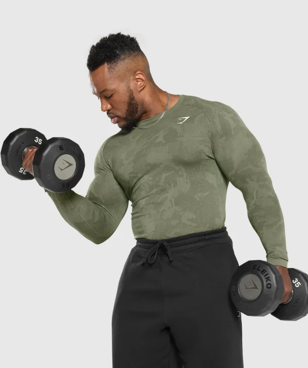 Discount Gymshark Geo Seamless Long Sleeve T-Shirt CoreOlive/DeepOliveGreen