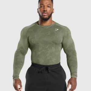 Discount Gymshark Geo Seamless Long Sleeve T-Shirt CoreOlive/DeepOliveGreen