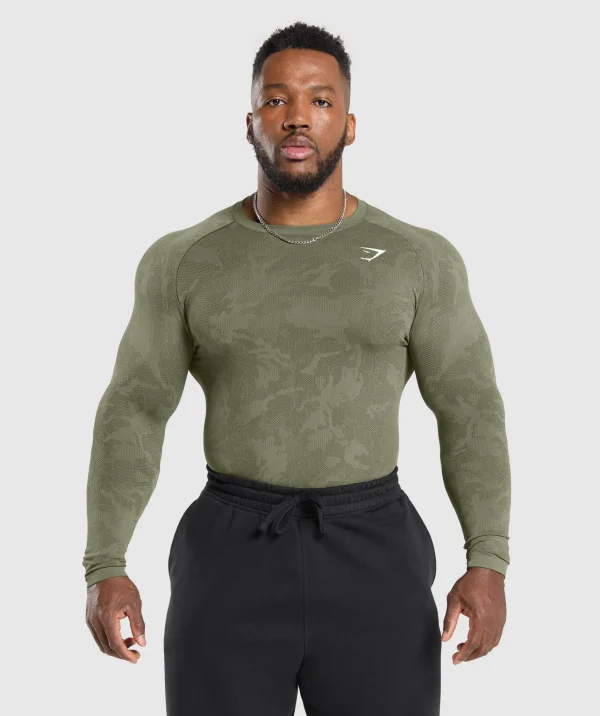 Discount Gymshark Geo Seamless Long Sleeve T-Shirt CoreOlive/DeepOliveGreen