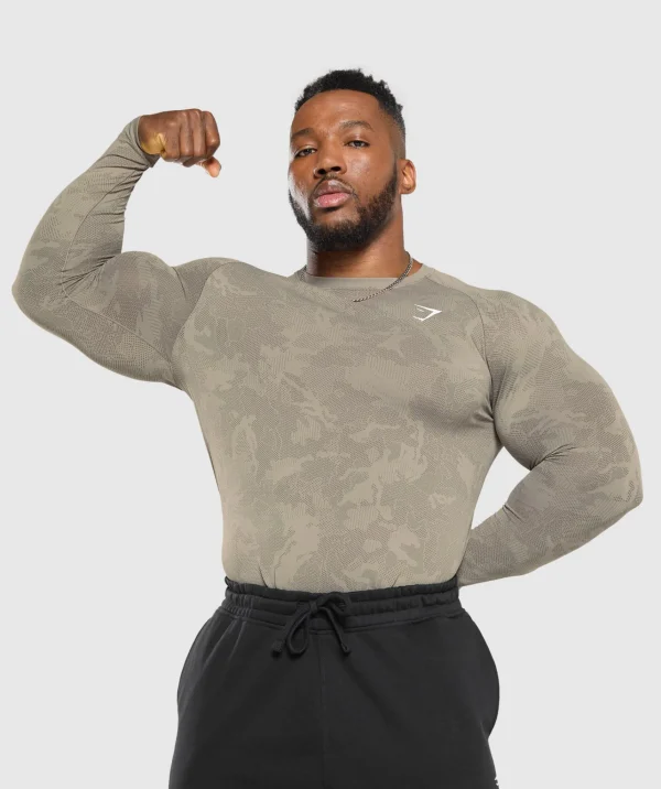 Online Gymshark Geo Seamless Long Sleeve T-Shirt LinenBrown/CamoBrown