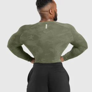 Discount Gymshark Geo Seamless Long Sleeve T-Shirt CoreOlive/DeepOliveGreen