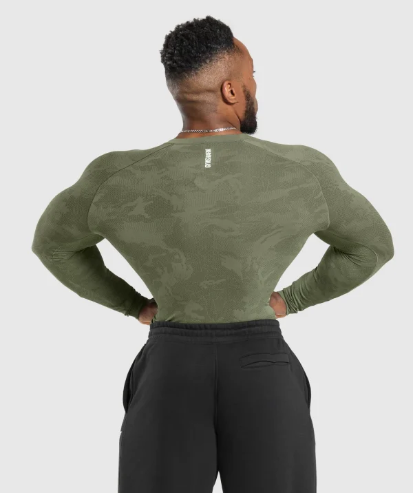 Discount Gymshark Geo Seamless Long Sleeve T-Shirt CoreOlive/DeepOliveGreen