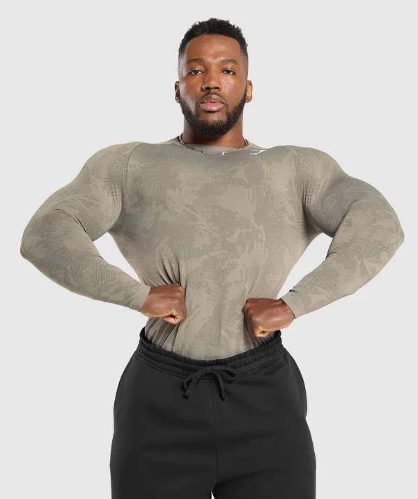 Online Gymshark Geo Seamless Long Sleeve T-Shirt LinenBrown/CamoBrown