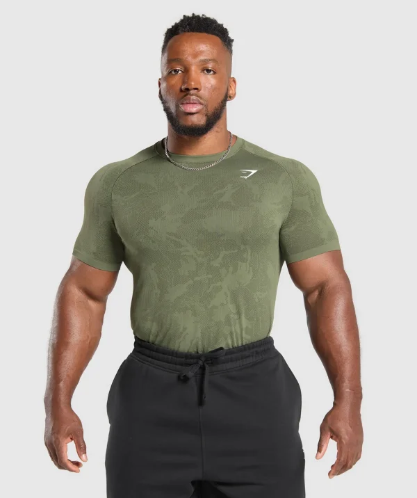 Fashion Gymshark Geo Seamless T-Shirt CoreOlive/DeepOliveGreen