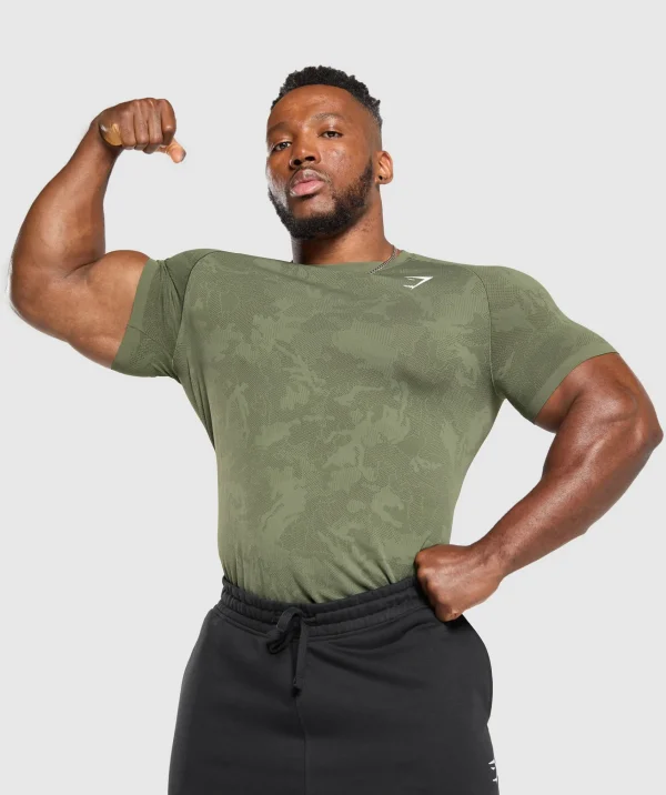 Fashion Gymshark Geo Seamless T-Shirt CoreOlive/DeepOliveGreen