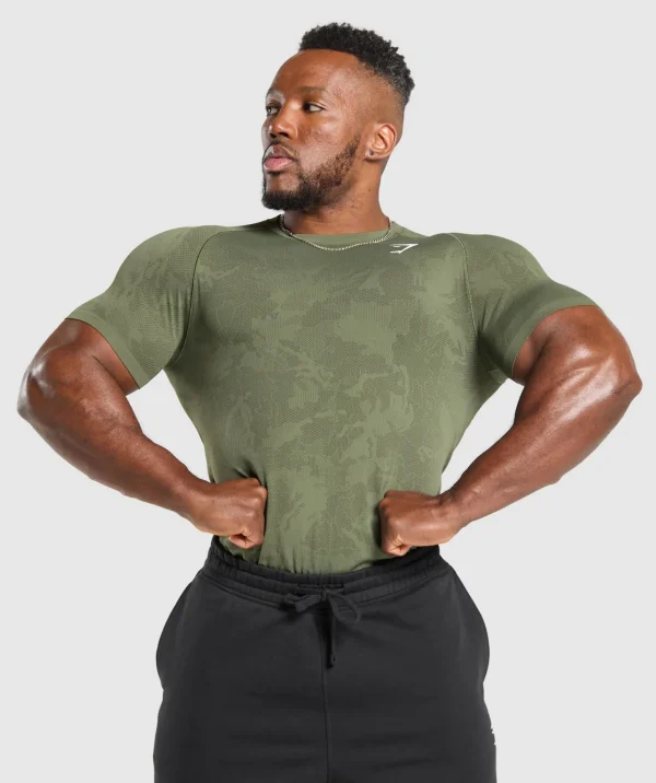 Fashion Gymshark Geo Seamless T-Shirt CoreOlive/DeepOliveGreen