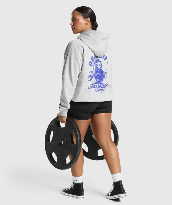 New Gymshark Graphic Reaper Oversized Hoodie LightGreyCoreMarl